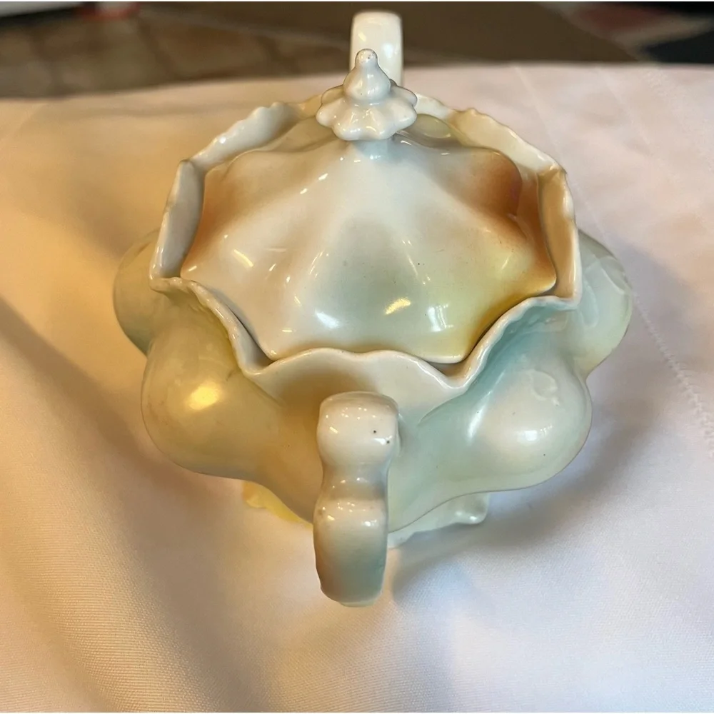 Antique 1920 German Rare Art Nouveau Floral Porcelain Sugar Pot Heart Handles